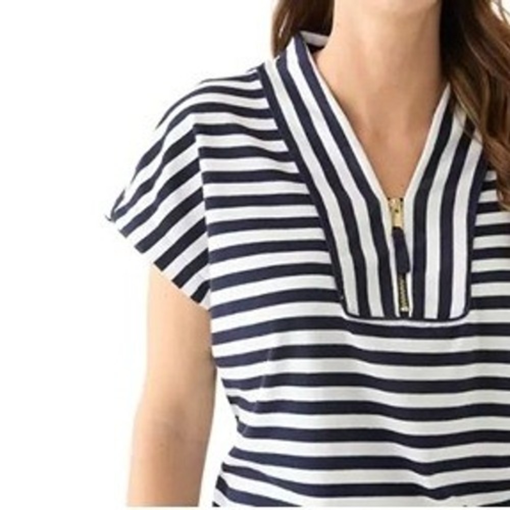 Crown & Ivy Boxy Top Blue White Striped Quarter Zip‎ Casual Nautical Preppy M